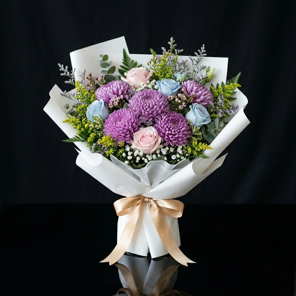 Elegant Bouquet of Pink & Blue Roses with Chrysanthemums for Father’s Day bloomsandbeansae