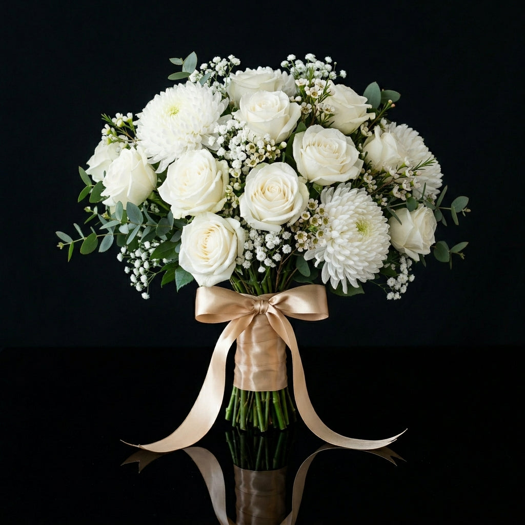 Elegant Bridal Bouquet of White Roses & Chrysanthemums bloomsandbeansae