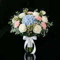 Elegant Bridal Bouquet of White Roses, Pink Carnations & Blue Hydrangea bloomsandbeansae