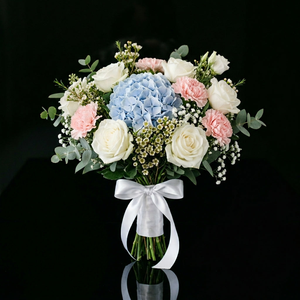 Elegant Bridal Bouquet of White Roses, Pink Carnations & Blue Hydrangea bloomsandbeansae