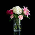 Elegant Cylindrical Vase with Pink Roses, Carnations & Hydrangea bloomsandbeansae