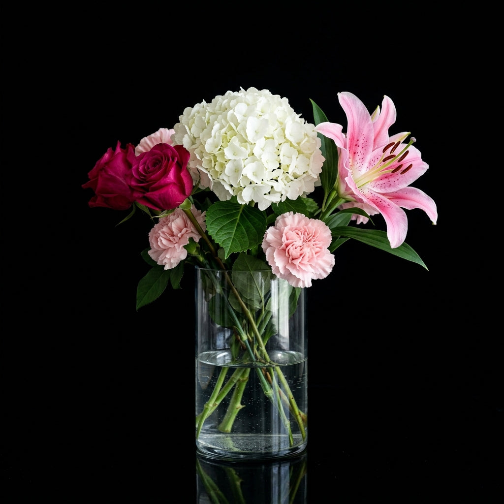Elegant Cylindrical Vase with Pink Roses, Carnations & Hydrangea bloomsandbeansae