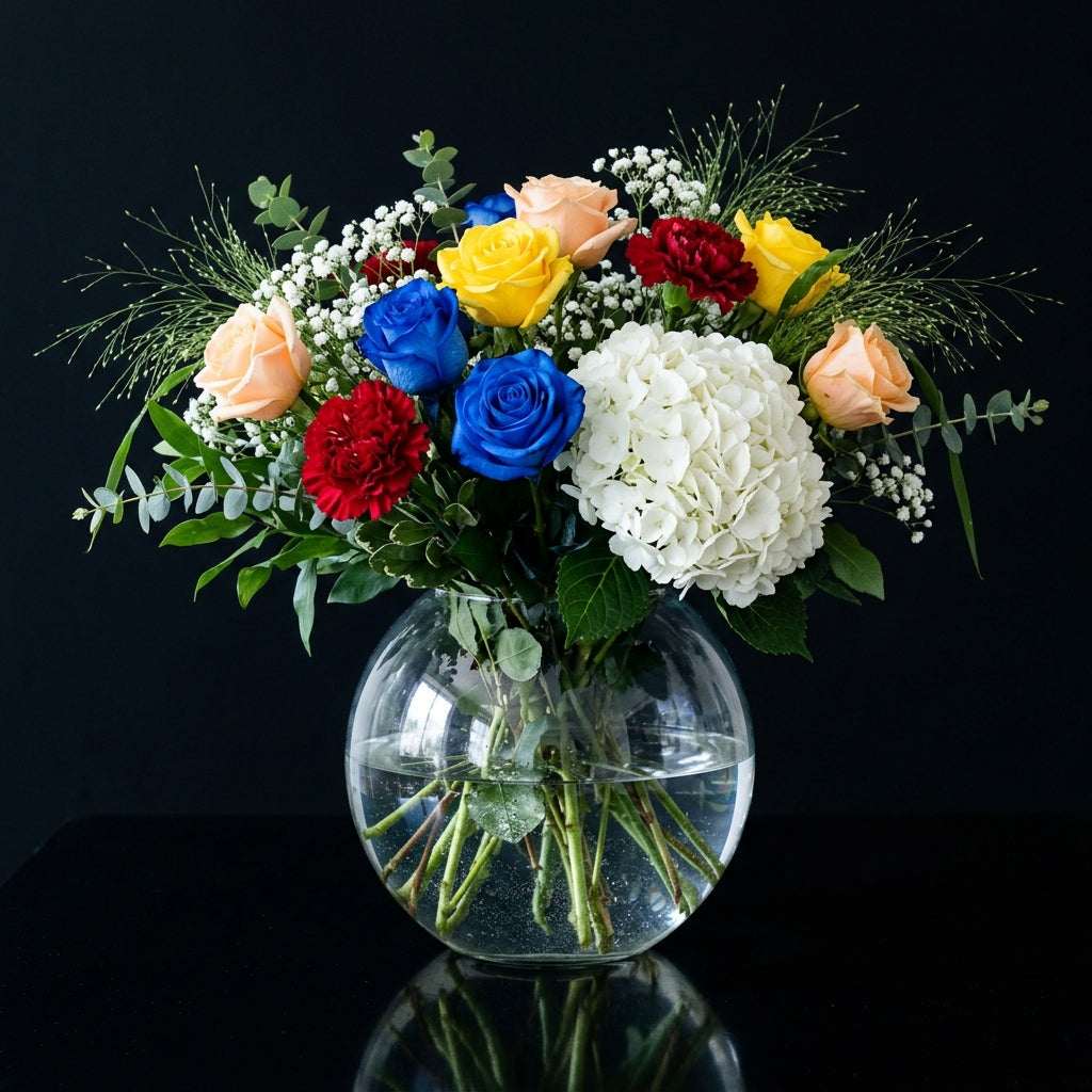 Elegant Large Round Vase with Roses, Carnations & Hydrangea bloomsandbeansae