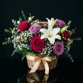 Elegant Pink & Purple Rose Basket with White Lilies bloomsandbeansae