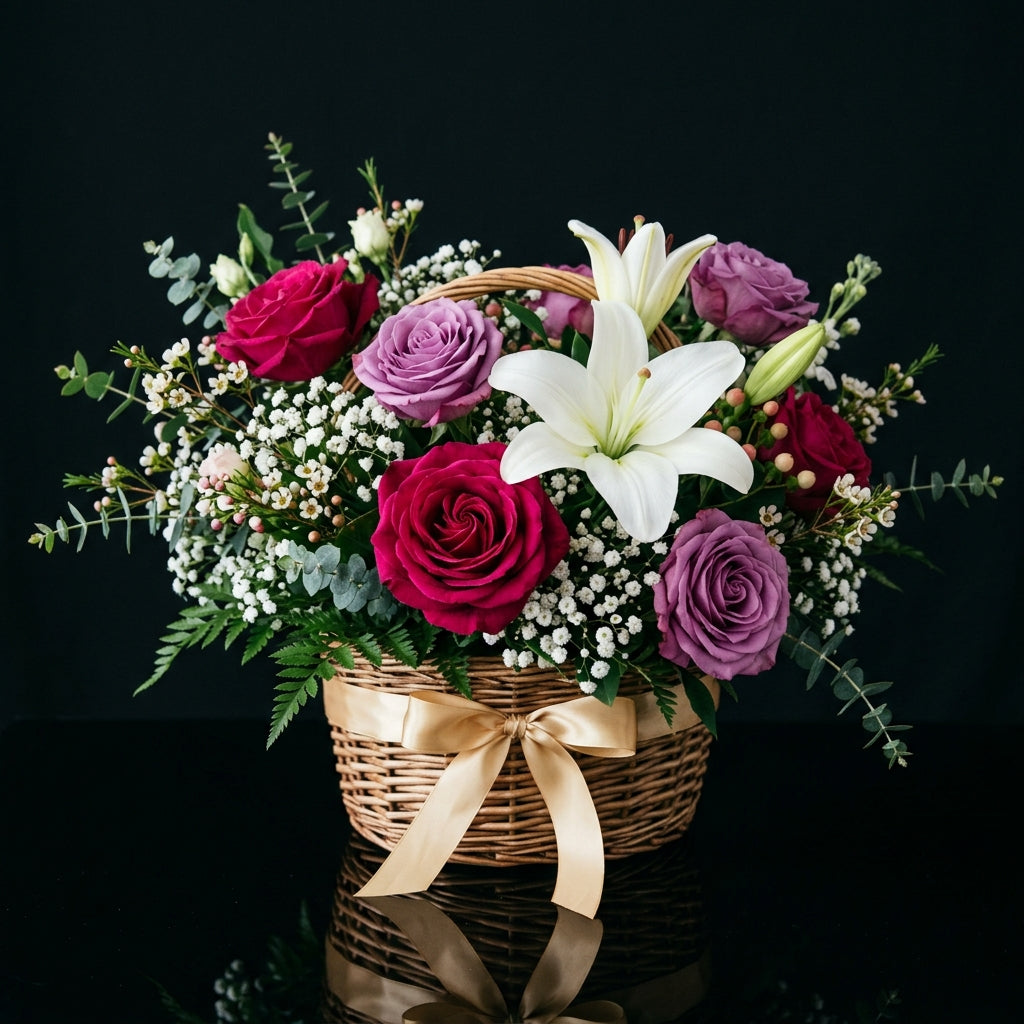 Elegant Pink & Purple Rose Basket with White Lilies bloomsandbeansae
