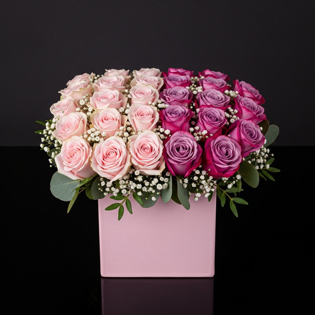 Elegant Pink Square Flower Box with Pink & Purple Roses bloomsandbeansae