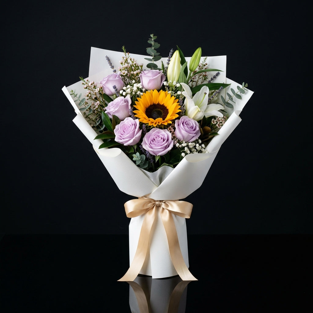 Fresh Purple Roses, White Lilies & Sunflower Bouquet for Father’s Day bloomsandbeansae