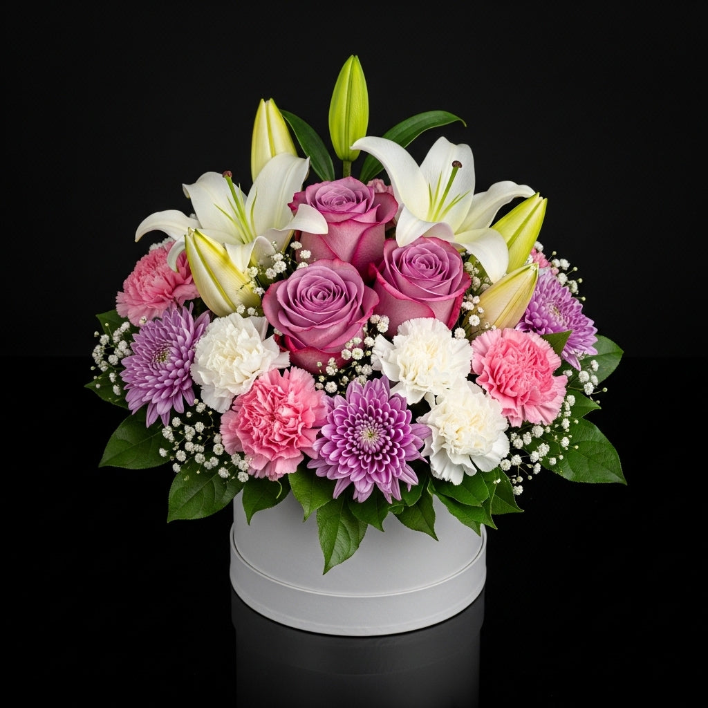 Elegant Purple & White Floral Box Arrangement bloomsandbeansae