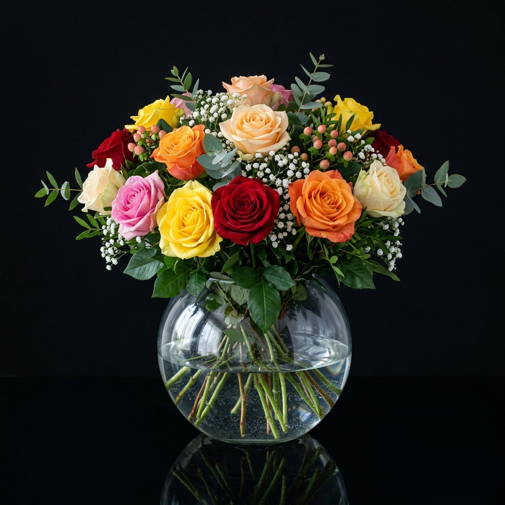 Elegant Round Vase with Multi-Color Roses bloomsandbeansae