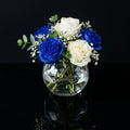 Elegant Small Round Vase with 6 White & Blue Roses bloomsandbeansae