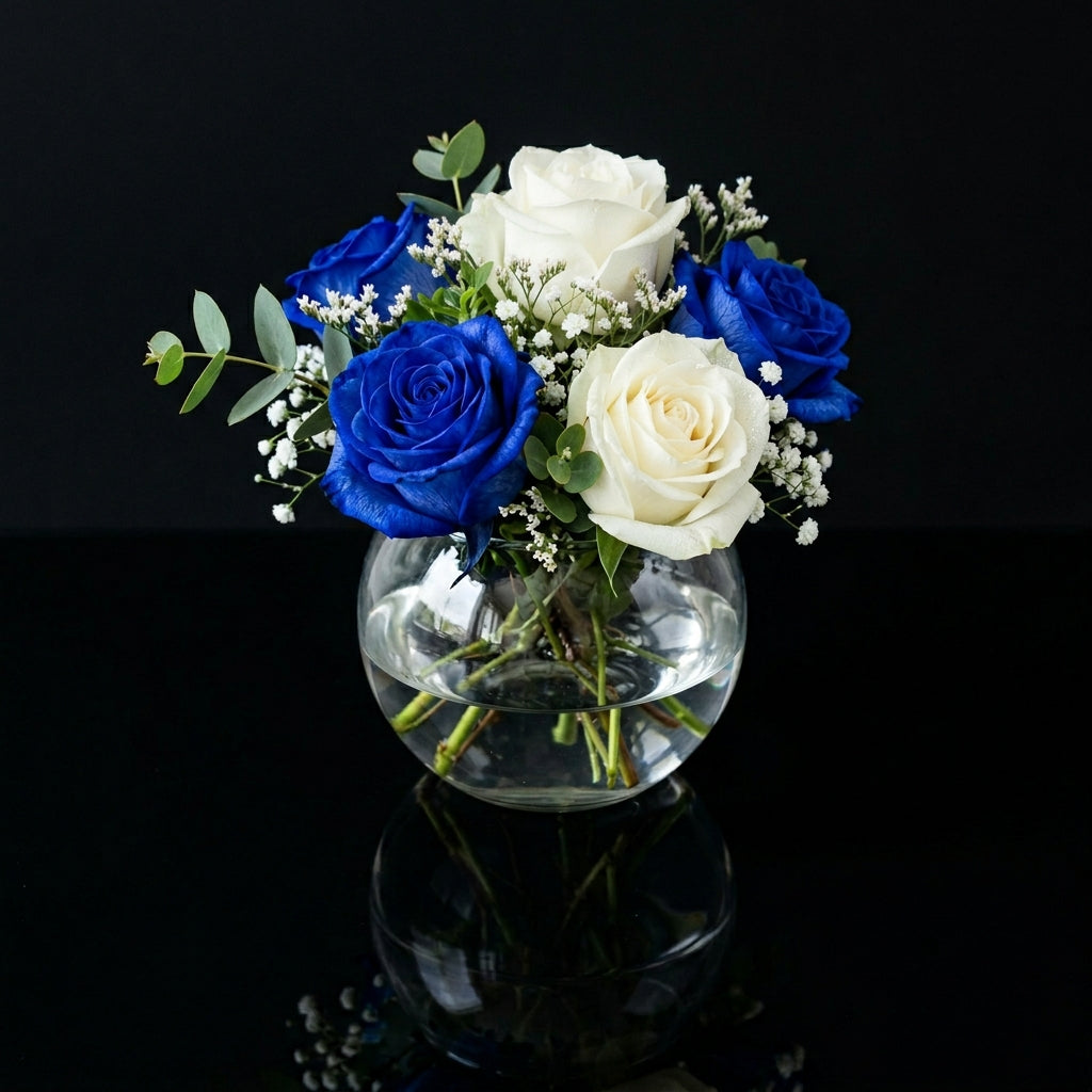 Elegant Small Round Vase with 6 White & Blue Roses bloomsandbeansae