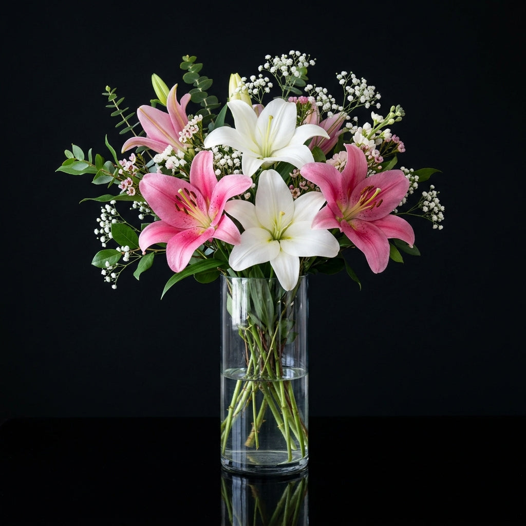 Elegant Tall Vase with Pink & White Lilies bloomsandbeansae