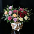 Elegant White, Purple & Peach Rose Basket with Carnations bloomsandbeansae