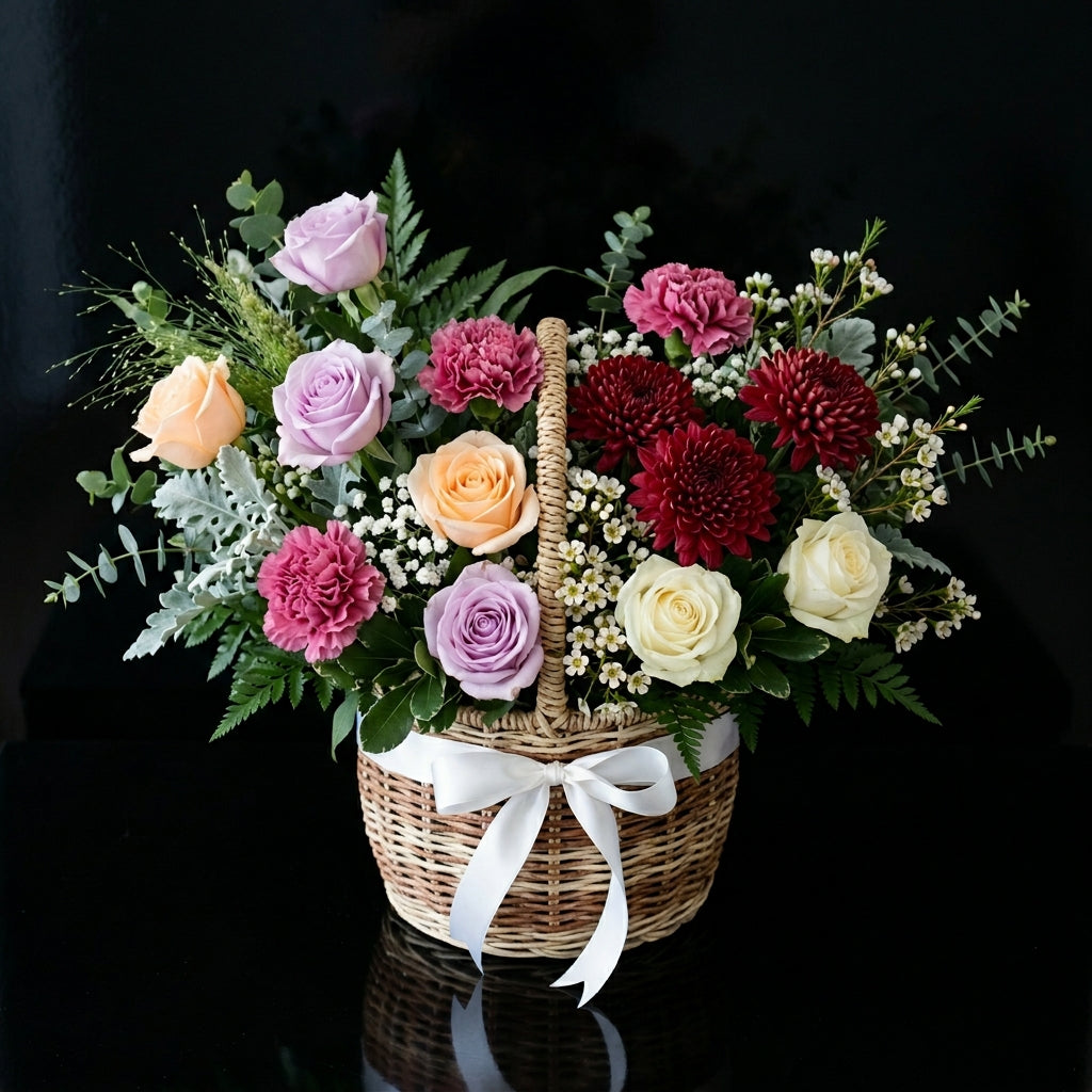 Elegant White, Purple & Peach Rose Basket with Carnations bloomsandbeansae