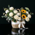 Elegant White Rose Basket with Sunflowers & Carnations bloomsandbeansae