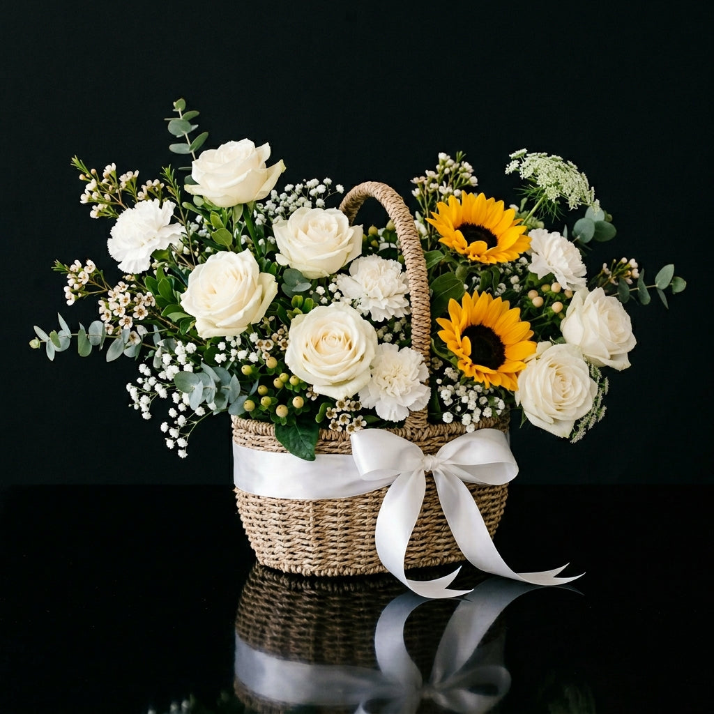 Elegant White Rose Basket with Sunflowers & Carnations bloomsandbeansae