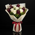 Elegant White Roses & Red Matthiola Bouquet bloomsandbeansae