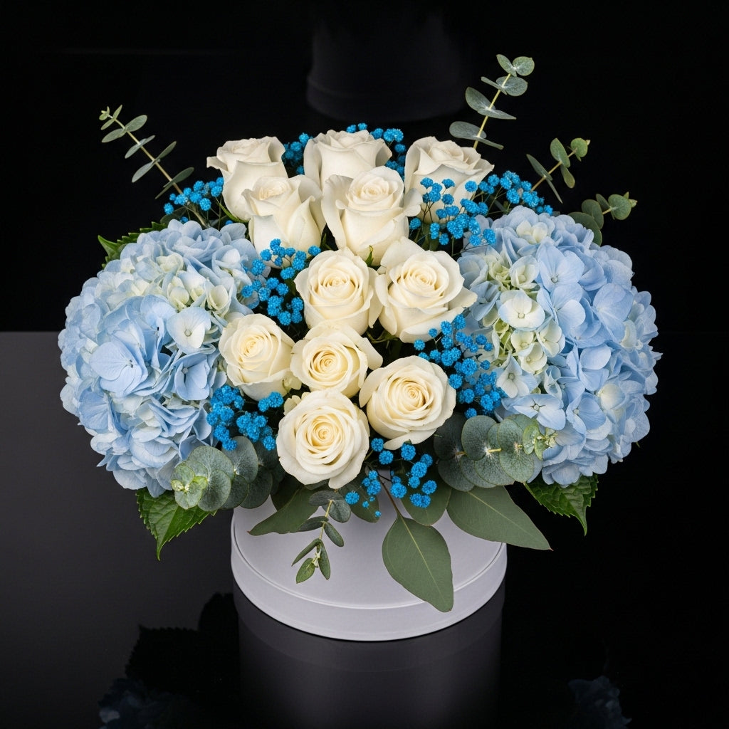 Elegant White Round Flower Box with White Roses & Blue Hydrangeas bloomsandbeansae