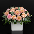 Elegant White Square Flower Box with Pink & Peach Roses and Chrysanthemums bloomsandbeansae