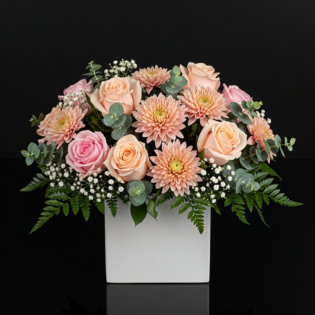Elegant White Square Flower Box with Pink & Peach Roses and Chrysanthemums bloomsandbeansae