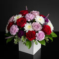 Elegant White Square Flower Box with Red & Purple Roses, Carnations & White Chrysanthemums bloomsandbeansae