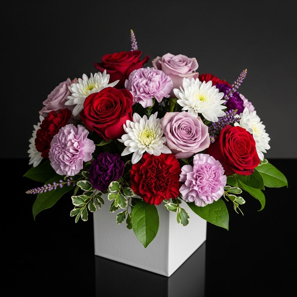 Elegant White Square Flower Box with Red & Purple Roses, Carnations & White Chrysanthemums bloomsandbeansae
