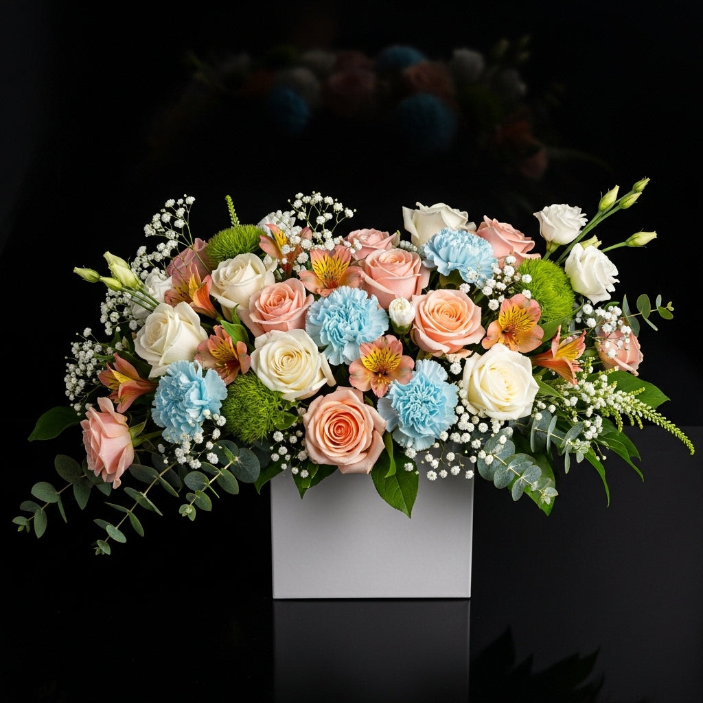 Elegant White Square Flower Box with White & Peach Roses, Blue Chrysanthemums & Alstroemeria bloomsandbeansae