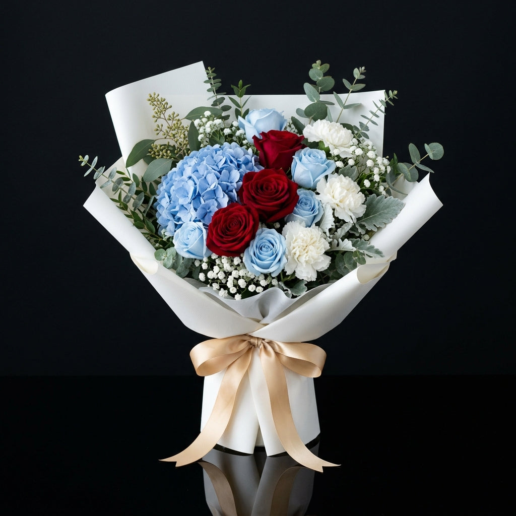 Father’s Day Blue & Red Roses Bouquet with Hydrangea bloomsandbeansae