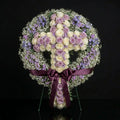 Floral Cross Arrangement with Purple, Lavender & White Roses, Baby’s Breath Frame & Satin Ribbon bloomsandbeansae
