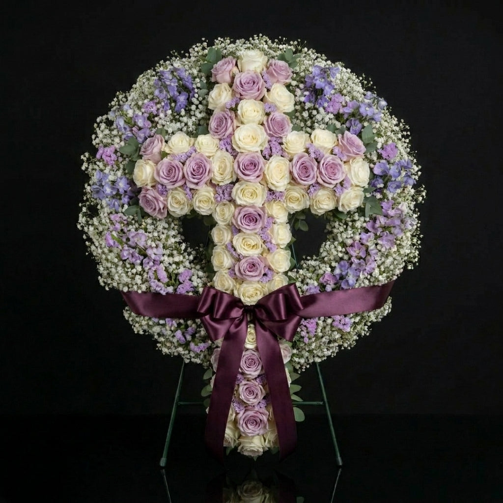 Floral Cross Arrangement with Purple, Lavender & White Roses, Baby’s Breath Frame & Satin Ribbon bloomsandbeansae
