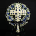 Floral Funeral Cross Arrangement with White Roses, Blue Accents & Baby’s Breath Frame bloomsandbeansae