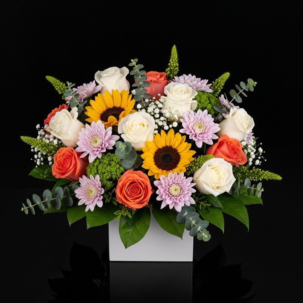 Fresh White Square Flower Box with White & Peach Roses, Pink Chrysanthemums & Sunflowers bloomsandbeansae