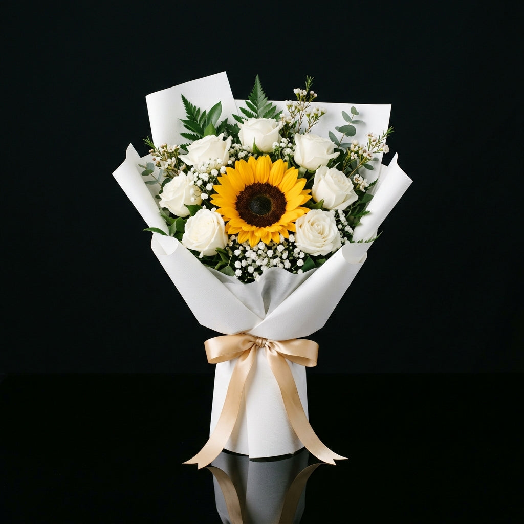Glowing Eid Bouquet of White Roses & Sunflower bloomsandbeansae