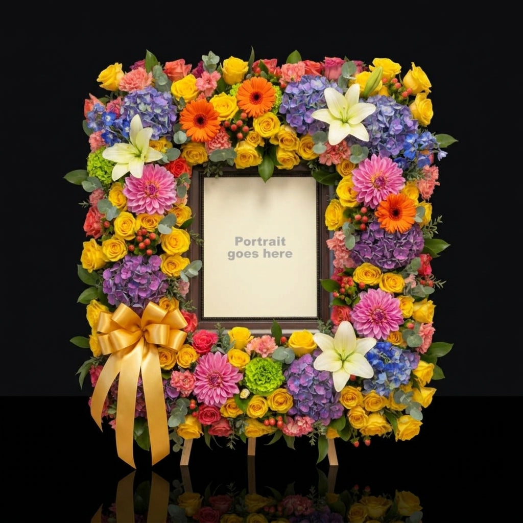 Photo Frame Funeral Wreath with Lilies, Roses, Hydrangeas & Dahlias bloomsandbeansae