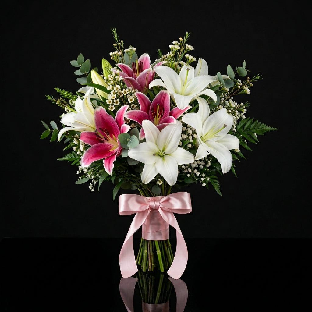 Graceful Bridal Bouquet of Pink & White Lilies bloomsandbeansae