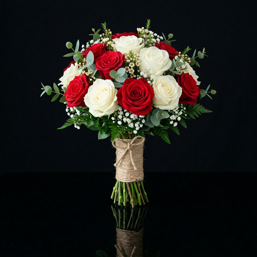 Graceful Bridal Bouquet of White & Red Roses bloomsandbeansae