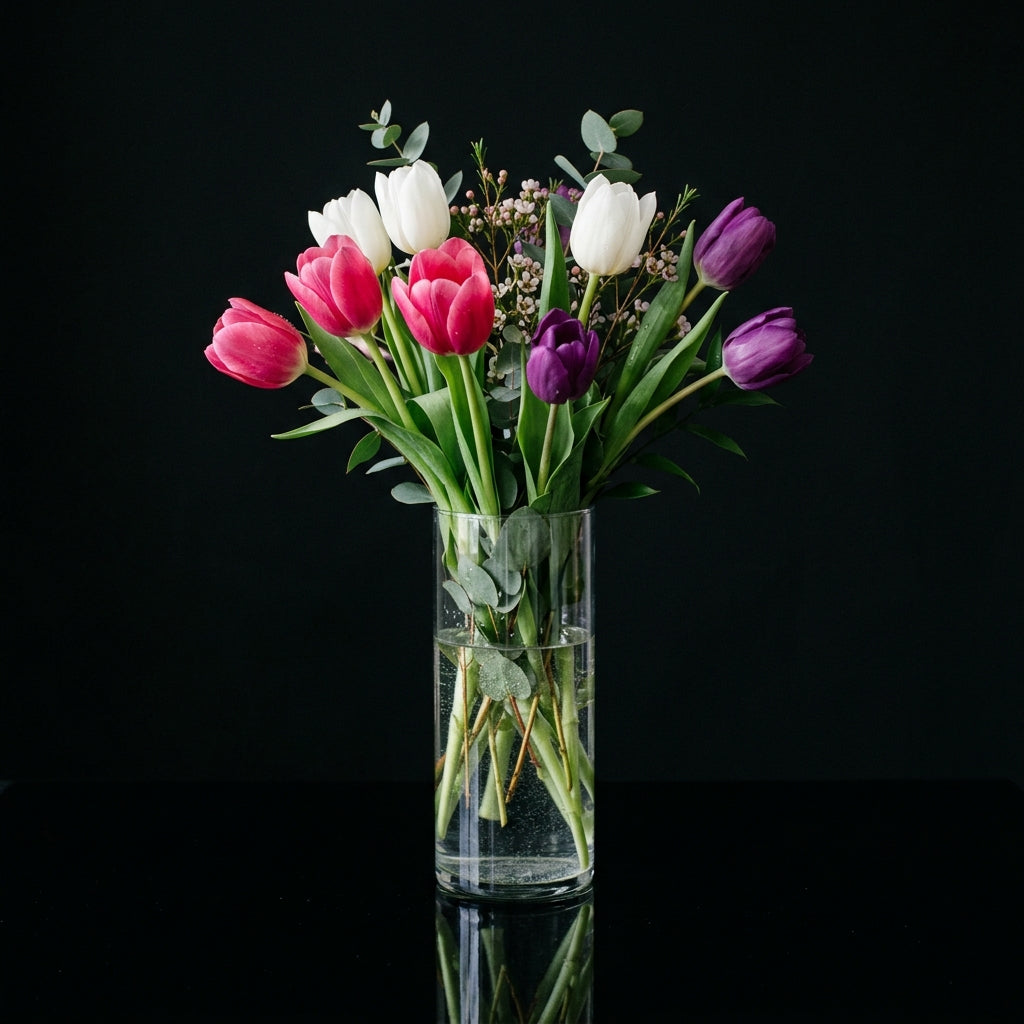 Graceful Tall Vase with White, Pink & Purple Tulips bloomsandbeansae