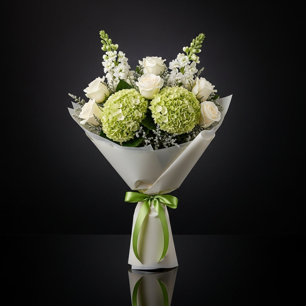 Green Hydrangea & White Roses Graduation Bouquet bloomsandbeansae