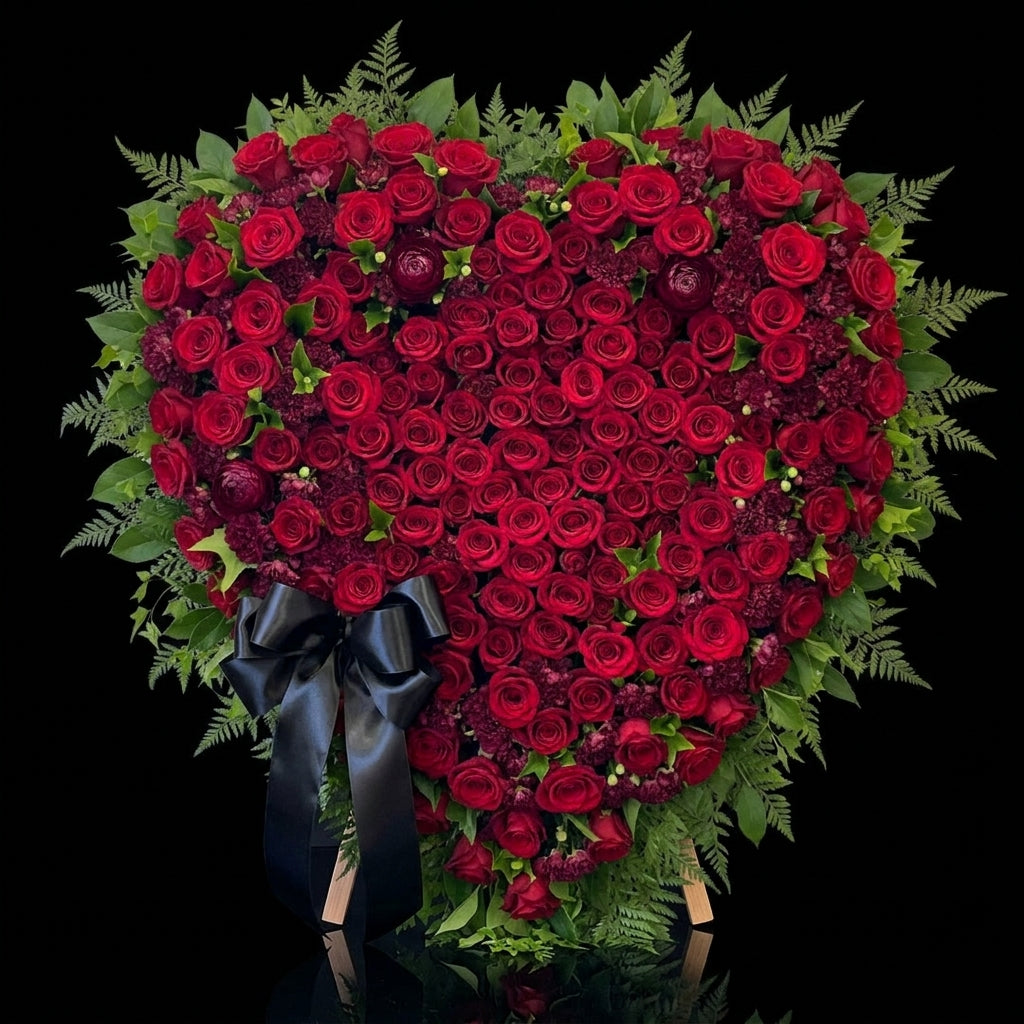 Heart-Shaped Funeral Arrangement with Red Roses, Green Foliage & Black Bow bloomsandbeansae