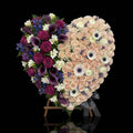 Heart-Shaped Funeral Spray with Two-Tone “Bleeding Heart” Design, Purple & Pink Roses, Calla Lilies & Delphinium Accents bloomsandbeansae