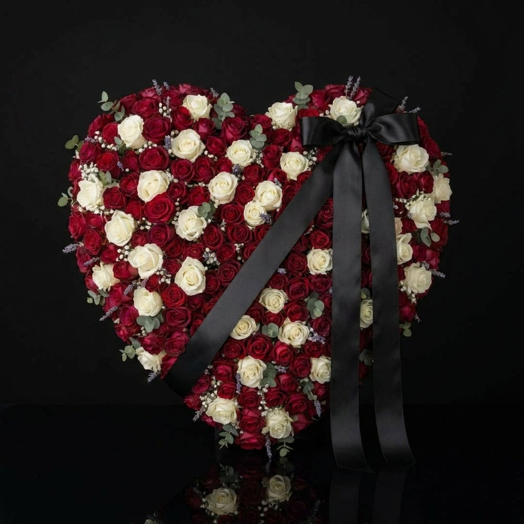 Heart-Shaped Funeral Tribute with Red & White Roses, Eucalyptus, Baby’s Breath & Black Satin Bow bloomsandbeansae
