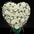 Heart-Shaped Funeral Wreath with White Roses, Hydrangeas, Baby’s Breath & Green Satin Bow bloomsandbeansae