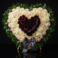 Heart-Shaped Standing Floral Tribute with Dark Roses & Calla Lilies, Cream & Pink Roses, Hydrangeas & Satin Bow bloomsandbeansae