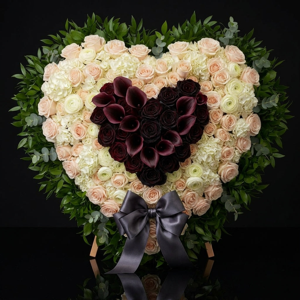 Heart-Shaped Standing Floral Tribute with Dark Roses & Calla Lilies, Cream & Pink Roses, Hydrangeas & Satin Bow bloomsandbeansae