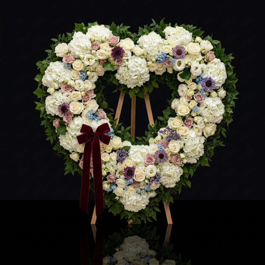 Heart-Shaped Sympathy Floral Wreath with Hydrangeas, Roses, Chrysanthemums & Velvet Bow bloomsandbeansae