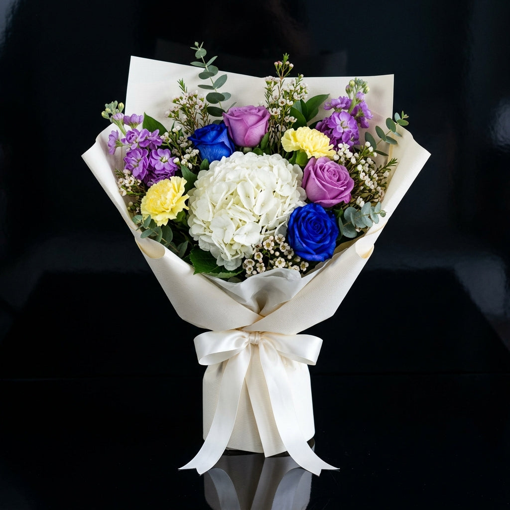 Luxe Bouquet of Purple, Blue Roses & Hydrangea bloomsandbeansae
