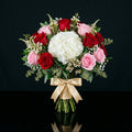 Luxurious Bridal Bouquet of White Hydrangea, Pink & Red Roses bloomsandbeansae