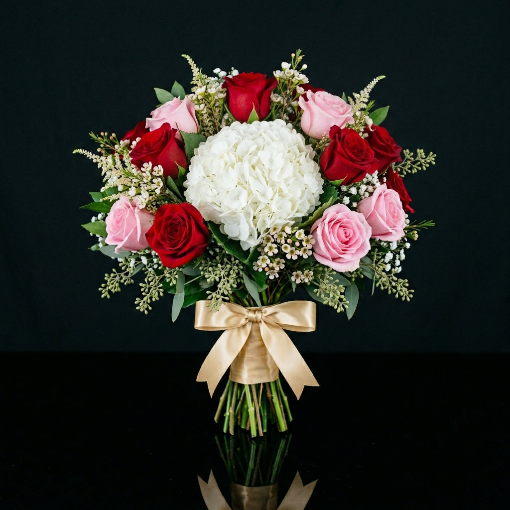 Luxurious Bridal Bouquet of White Hydrangea, Pink & Red Roses bloomsandbeansae