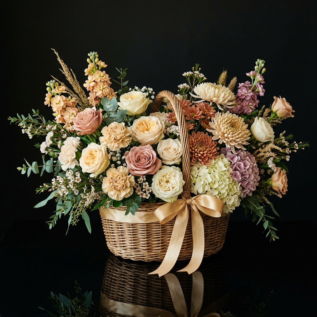 Luxury Mixed Flower Basket with Roses, Hydrangeas & Matthiola bloomsandbeansae