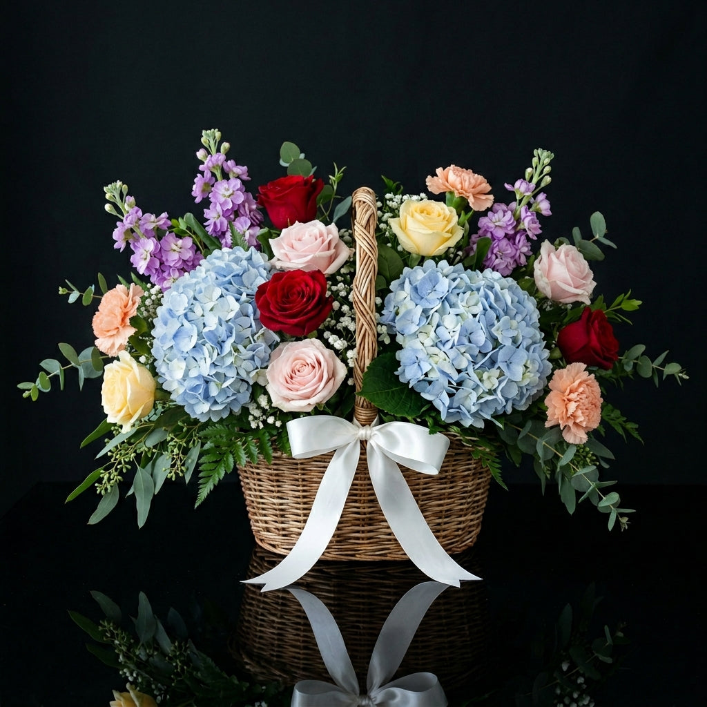 Mixed Rose & Hydrangeas Basket with Matthiola bloomsandbeansae